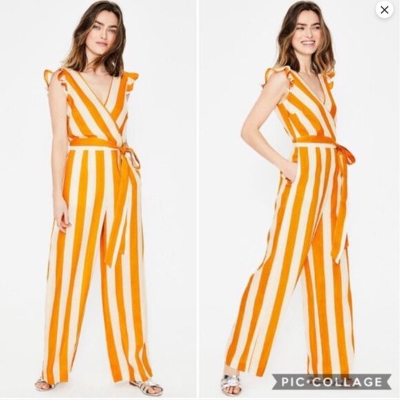 Boden Jumpsuit Mustard Yellow Striped Mila Wide Legged Linen (Women Size 6) - Picture 2 of 8